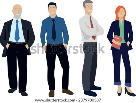 Vector illustration depicting businessmen and women, office workers. A smiling team at work