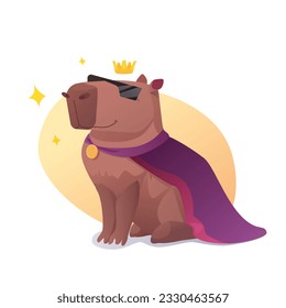 Vector illustration depicting a capybara in the form of a king and wearing dark glasses. Cool capybara. Kingbara.