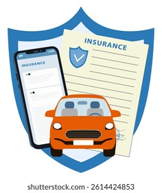 Vector illustration depicting car insurance with a shield, a smartphone app, and a paper document, symbolizing protection, digital integration, and policy management.