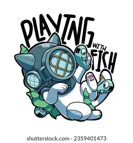 vector illustration depicting a cat diving to play with fish, this image is great for stickers, t-shirt designs, and more.