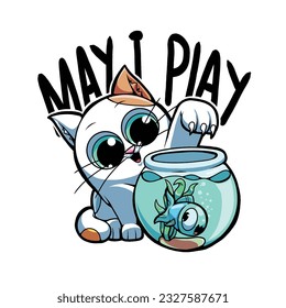 vector illustration depicting a cat playing with fish, t-shirt design and more.