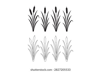A vector illustration depicting cattail plant silhouettes, arranged symmetrically with leaves and stems on a white background.