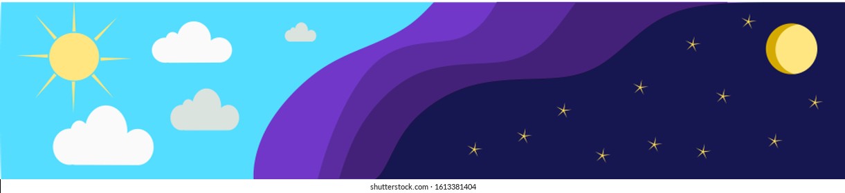 Vector illustration depicting the change of day and night. Sun and moon in a cloudy and dark blue sky