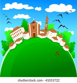 Vector illustration depicting a characteristic village on top of a hill