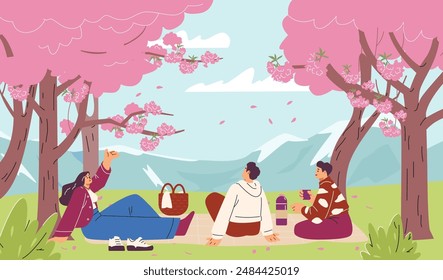 Vektorillustration mit Figuren, die ein Picknick in einem Park mit Kirschbäumen machen. Menschen entspannen sich beim Hanami-Fest im Freien. Natur-Konzept in flacher Cartoon-Illustration.