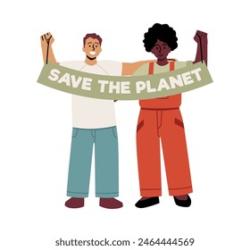 Vector illustration depicting characters holding a poster with the inscription save this planet . Activists of different races advocate for the preservation of the planet. Isolated background.