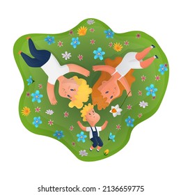 Vector illustration depicting characters, a married couple with a child who are lying on the grass in flowers, top view. The concept of love, family, spring, season, romance, joy.