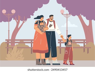 Vector illustration depicting characters walking in the park with a small child in a sling. The concept of ease of movement with a newborn baby during a family walk. Flat style.