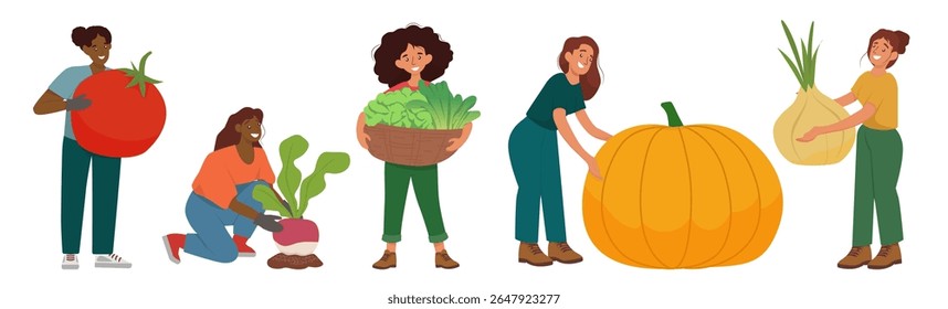 Vector illustration depicting cheerful characters holding huge vegetables such as tomatoes, radishes, lettuce, pumpkin and onions. The scene reflects creativity and diversity in agriculture.