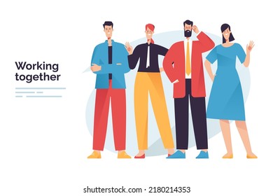 Ilustración vectorial que representa a un alegre equipo de personas, colegas, amigos.