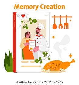 Vector illustration depicting a chef awarding a certificate to a happy person. The scene is framed by a digital interface, emphasizing memory creation in culinary success.
