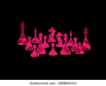
vector illustration depicting chess pieces of dark pink shades on a dark background for printing on advertising banners and posters, clothing, and for the design of chess clubs