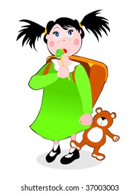 Vector illustration depicting a child goes to school while eating a lollipop