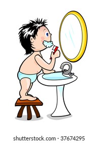 Vector illustration depicting a child while brushing their teeth
