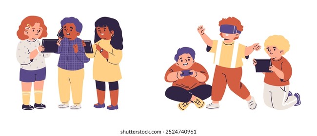 A vector illustration depicting children enjoying technology: playing on a tablet, talking on the phone, playing with a game console and VR glasses