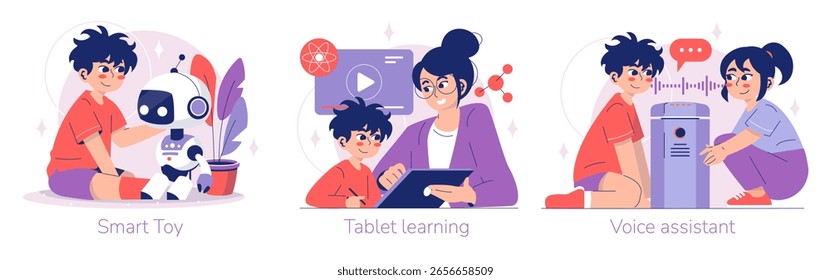 Ilustración vectorial que muestra a niños interactuando con un robot de juguete inteligente, aprendiendo en tabletas y usando un asistente de voz. Captura la interacción tecnológica y el compromiso educativo.