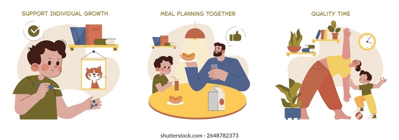 Ilustração vetorial representando o crescimento individual de uma criança com um hobby, planejamento de refeições em uma mesa com um adulto e tempo de qualidade através do exercício em conjunto, destacando o vínculo familiar.