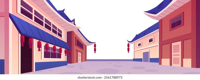 Vector illustration depicting Chinese cityscape street landscape. Isolated background with traditional architectural buildings and road. Flat cartoon style. Design.