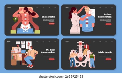Vector illustration depicting chiropractic care and medical consultations. Scenes include patient examinations, spinal adjustments, and discussions about pelvic health.