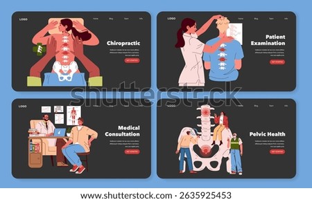 Vector illustration depicting chiropractic care and medical consultations. Scenes include patient examinations, spinal adjustments, and discussions about pelvic health.