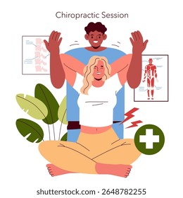 Ilustração vetorial representando uma sessão quiroprática com um profissional ajudando uma pessoa. O cenário inclui gráficos anatômicos e plantas, mostrando uma atmosfera calma e relaxada.