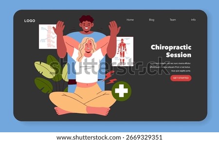 Vector illustration depicting a chiropractic session with a woman and a therapist. The woman is seated in a relaxed posture, arms raised, while the therapist supports her from behind, both smiling.