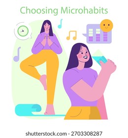 Ilustración vectorial que representa la elección de microhábitos como el yoga y el agua potable. Una persona practica yoga en una pierna y sostiene un vaso de agua mientras sonríe alegremente entre las notas musicales.