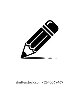 Vector illustration depicting a classic wooden pencil with an eraser, drawing a line. The image features a clean, minimalist design in black and white.