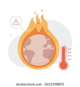 Vector illustration depicting climate change, featuring a thermometer and the Earth surrounded by flames, symbolizing global warming and rising temperatures.