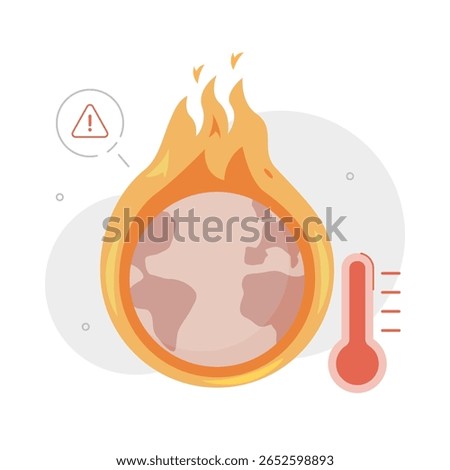 Vector illustration depicting climate change, featuring a thermometer and the Earth surrounded by flames, symbolizing global warming and rising temperatures.