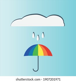 Vektorgrafik mit wolkiger und regnerischer Witterung. und ein Regenbogen-farbiger Regenschirm