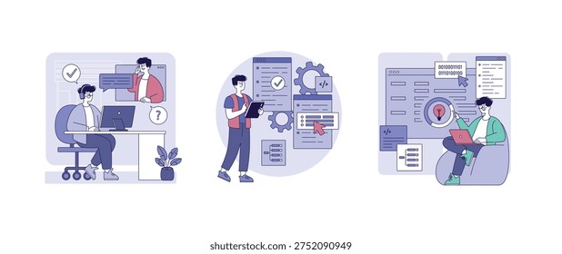 Vector illustration depicting collaborative teamwork in a coding environment. Team members interact with technology, using computers and tablets for software development and project management.