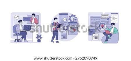 Vector illustration depicting collaborative teamwork in a coding environment. Team members interact with technology, using computers and tablets for software development and project management.