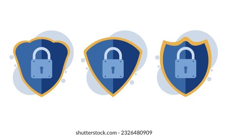 Ilustración vectorial que representa una colección de kits de protección. Cada conjunto consta de un escudo y un bloqueo de formas diferentes.