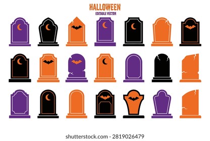 A vector illustration depicting a collection of tombstone shapes in purple orange and black featuring crescent moons and bat silhouettes.