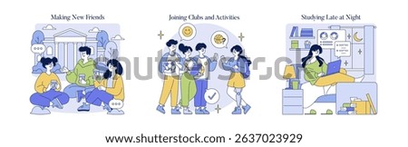 Vector illustration depicting college students making new friends, participating in clubs, and studying late at night. The scenes convey social interaction and focused learning activities.