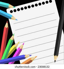 Vector illustration depicting colored pencils and notes