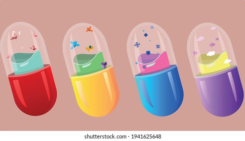Vector illustration depicting colored pills with different fillings