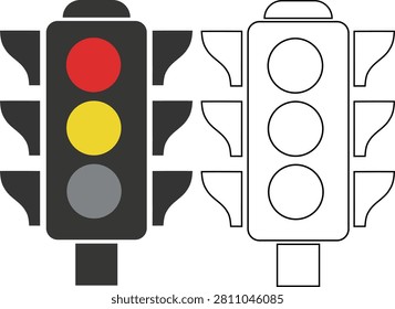 Vector illustration depicting a colored traffic signal with red and yellow lights alongside a monochrome outline version of the same signal, ideal for educational or design purposes.