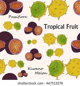 
Vector illustration depicting colored tropical fruits , seamless .