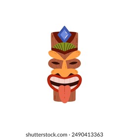 Vector illustration depicting a colorful Tiki mask on an isolated background. Tribal wooden totem, attribute of Hawaiian or Polynesian style. C Flat cartoon style.