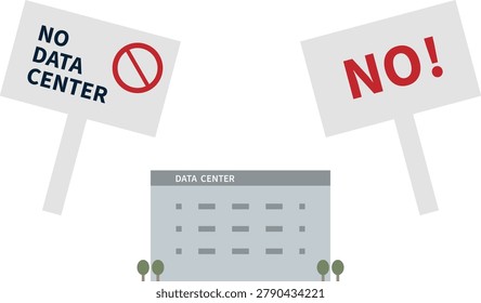 Vector illustration depicting community opposition to data center construction and digital infrastructure development. Concept of protest, public resistance, environmental concerns, energy consumption, NIMBY movements, and social issues related to AI infrastructure expansion.
