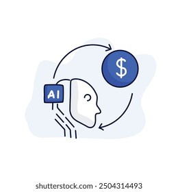  vector illustration depicting the concept of artificial intelligence (AI) and its potential to generate income. A stylized human head with and a circle with a dollar sign.