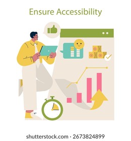 Ilustração vetorial que descreve o conceito de garantir a acessibilidade com uma pessoa analisando dados em um tablet. Inclui gráficos de crescimento, símbolos de feedback positivo e ícones de produtividade.