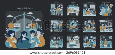 Vector illustration depicting the concept of study-life balance with individuals analyzing a scale between study and life. Emphasizes importance of balancing education and personal life.