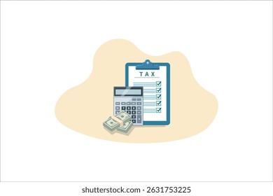 Vector illustration depicting the concept of taxes. The image features a clipboard with the word "TAX" written on top and a checklist with several boxes ticked.