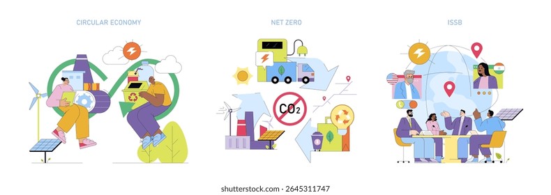 Vector illustration depicting concepts of circular economy, net zero emissions, and sustainability. Includes wind turbines, solar panels, and diverse individuals engaging in sustainable discussions.