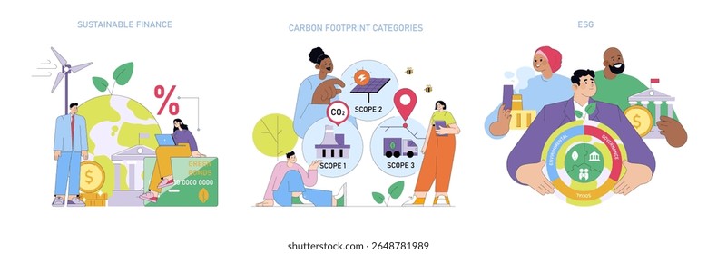 Ilustração vetorial que descreve conceitos de financiamento sustentável, categorias de pegada de carbono e princípios ESG. As pessoas interagem com símbolos de energia renovável e impacto ambiental.