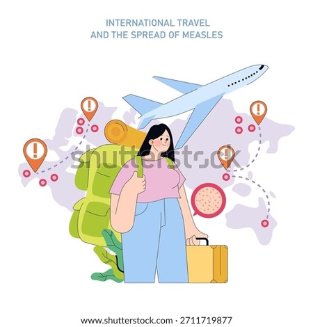 Vector illustration depicting the connection between international travel and the spread of measles, featuring a traveler with luggage and a map indicating affected areas.