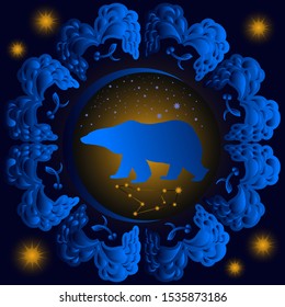 Vector illustration depicting the constellation Ursa Major, stars, space and the universe against a background of circular abstract ornament.
